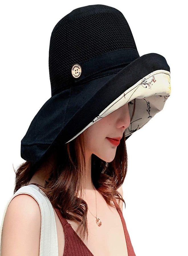 XuoAz Women Summer Sun Hat Floral Beach Hat Wide Brim UV Protection Packable Bucket Cap for Vacation Travel Black - Image 5